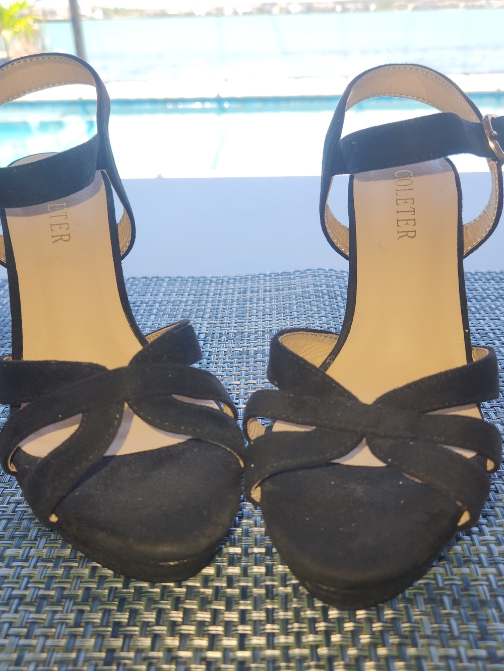 Coleter Black Suede Strappy Open-Toe Ankle Strap Heels
